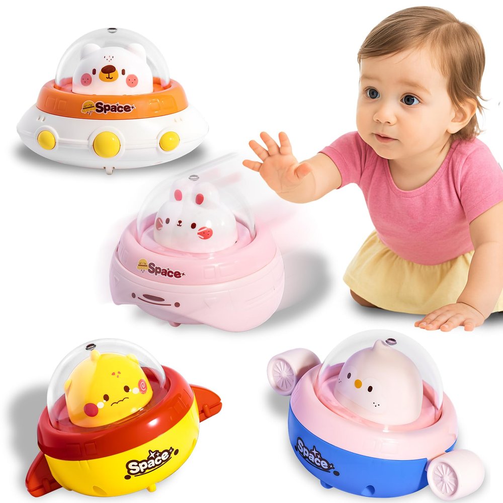 KIDS KING 4PCS Animal Press to Go Car Toys for Toddlers 1-3, Push Go Friction Car Toys for 6-18 Months Baby, Animal Space Racing Cars, Infant Play Vehicle Set, Birthday Gifts for 1 Year Old Girl & Boy