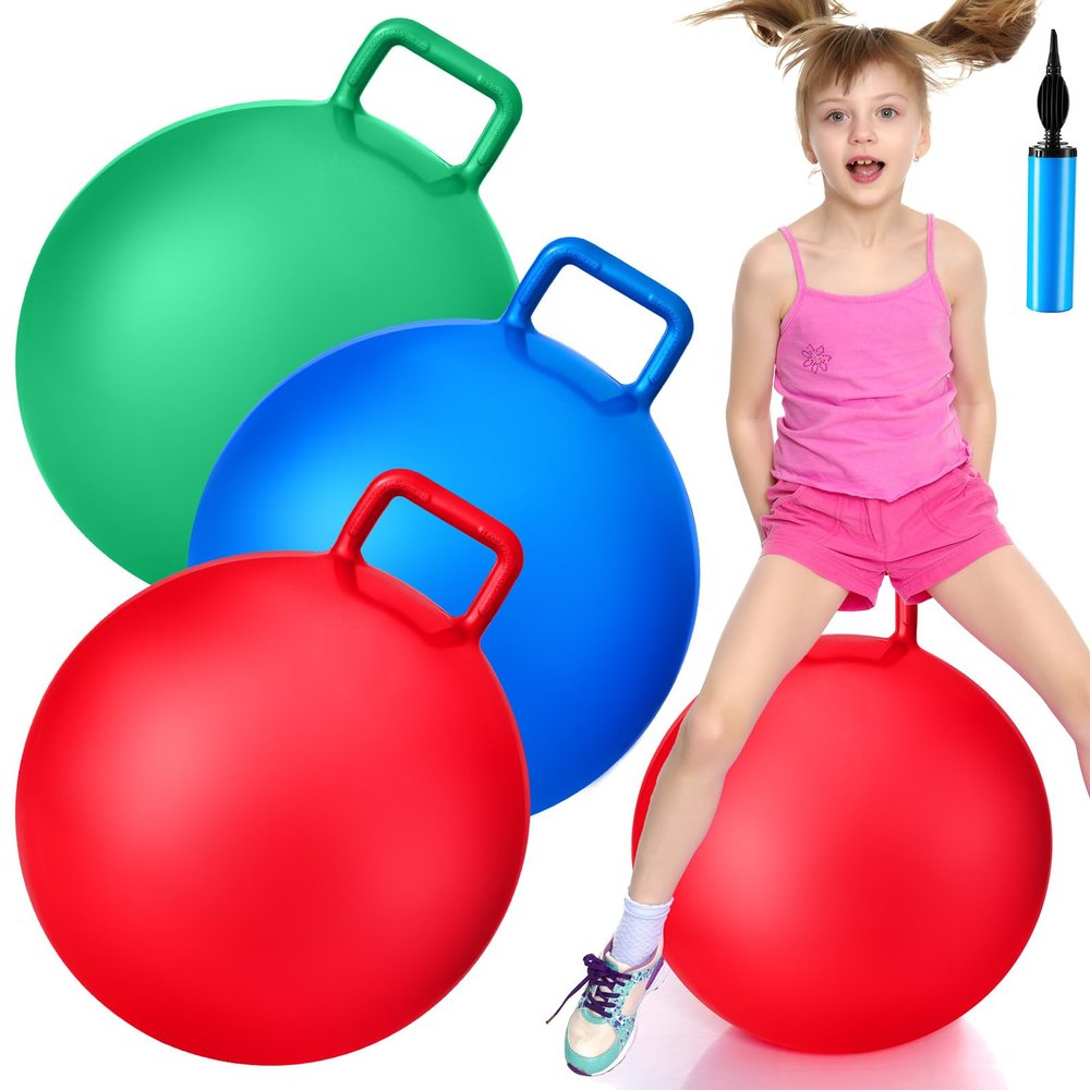 Lewtemi 3 Pcs 20 Inch Bouncing Ball with Handle, Outdoors Hopper Jumping Hopping Ball and Air Pump for Sports Exercise (Red, Blue, Green)