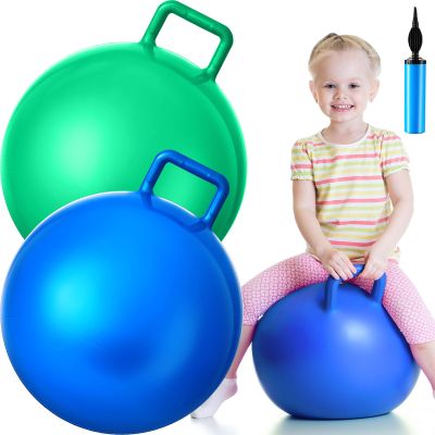 Lewtemi 2 Pcs 18 Inch Big Bouncing Ball with Handle Jumping Hopper Bouncy Ball for Adults Exercise and Air Pump for Outdoor Sports Game(Blue, Green)