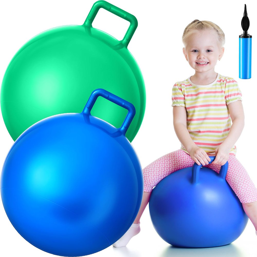Lewtemi 2 Pcs 18 Inch Big Bouncing Ball with Handle Jumping Hopper Bouncy Ball for Adults Exercise and Air Pump for Outdoor Sports Game(Blue, Green)
