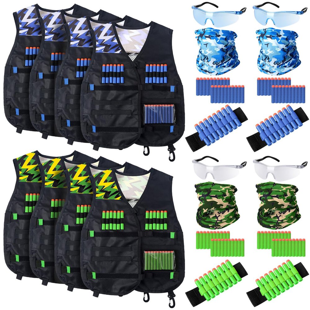 Sosation 8 Sets Kids Tactical Vest Compatible with Nerf Party Favor Accessories, Face Mask Wrist Ammo Holder Toy Gift Supplies Boys (Green and Blue)