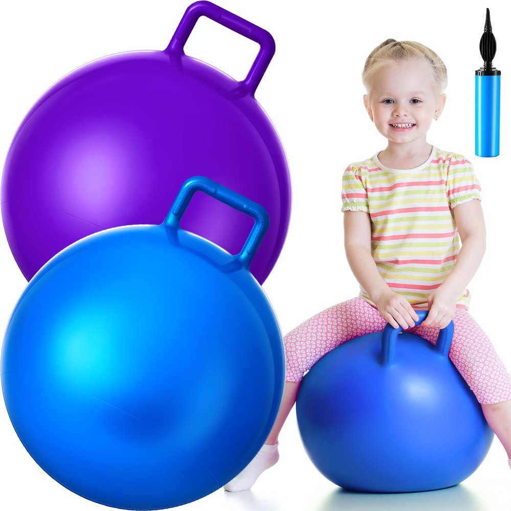 Lewtemi 2 Pcs 18 Inch Big Bouncing Ball with Handle Jumping Hopper Bouncy Ball for Adults Exercise and Air Pump for Outdoor Sports Game(Blue, Purple)