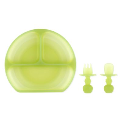 Bumkins - Jelly Silicone Grip Dish 3-Section & Training Chewtensils - For Ages 6 Months+ - Suction Base - 100% Food-Safe Silicone - Oven, Microwave, & Dishwasher Safe - Jelly Green