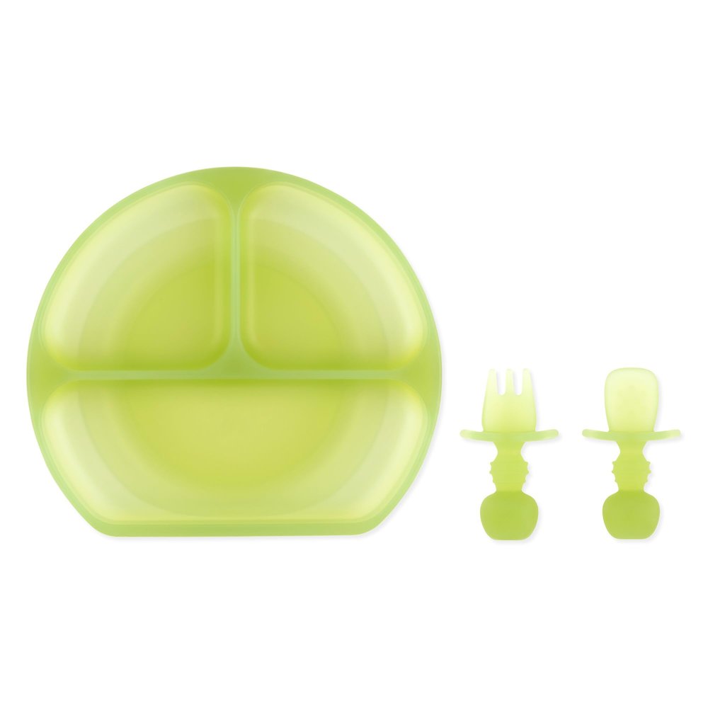 Bumkins - Jelly Silicone Grip Dish 3-Section & Training Chewtensils - For Ages 6 Months+ - Suction Base - 100% Food-Safe Silicone - Oven, Microwave, & Dishwasher Safe - Jelly Green