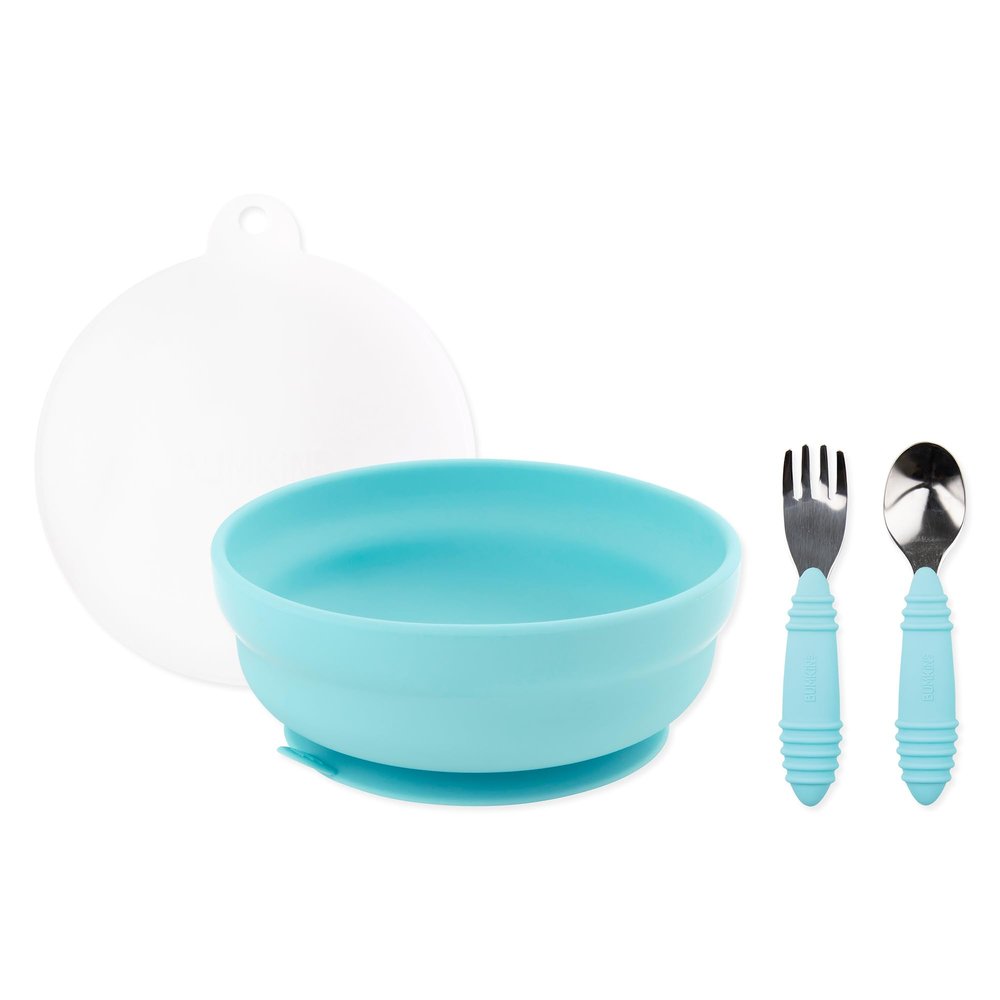 Bumkins - Silicone Grip Bowl, Fork & Spoon & Lid - For Ages 18 Months+ - Suction Base - 100% Food-Safe Silicone - Oven, Microwave, Freezer, & Dishwasher Safe - Blue
