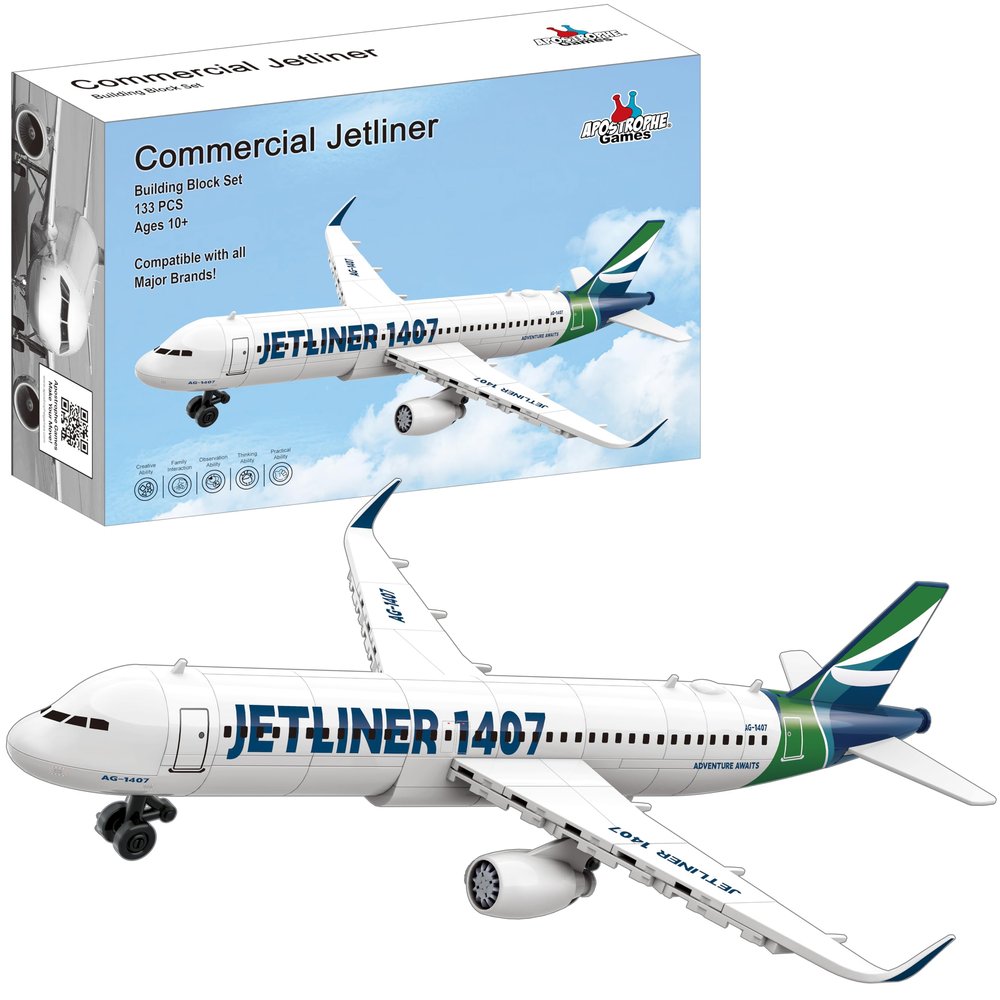 Apostrophe Games Commercial Jetliner Building Block Set - 133 Pcs, Ages 10+ Airplane Model Toy