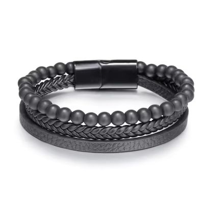 ZYIBPMSJKQCFK Hand-woven Men's Bracelet Natural Tiger Eye Stone Leather Bangles Volcano Stone Beaded Male Bracelet,black,21cm