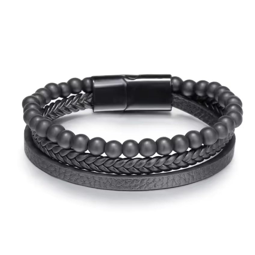 ZYIBPMSJKQCFK Hand-woven Men's Bracelet Natural Tiger Eye Stone Leather Bangles Volcano Stone Beaded Male Bracelet,black,21cm