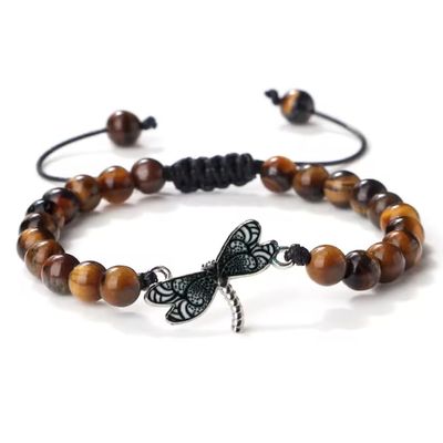 ZYIBPMSJKQCFK Dragonfly Beaded Bracelets For Women Men 6mm Handmade Tiger Eye Lava Stone Bangles Adjustable Rope Braided Bracelet,Tiger Eye,17-29m