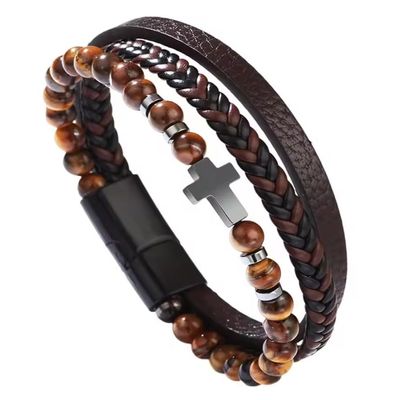 ZYIBPMSJKQCFK Cross Bracelet Men Multi-Strand Woven Bangle Cuff Wristband,Yellow Tiger,21cm