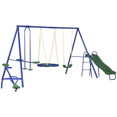 616 lbs Heavy-Duty 5-in-1 Kids Outdoor Swing Set  A-Frame Steel Playset w/Saucer Swing, Slide, Seesaw, Glider & Swing Seat  Durable Backyard Playground Equipment for Toddlers & Children Blue