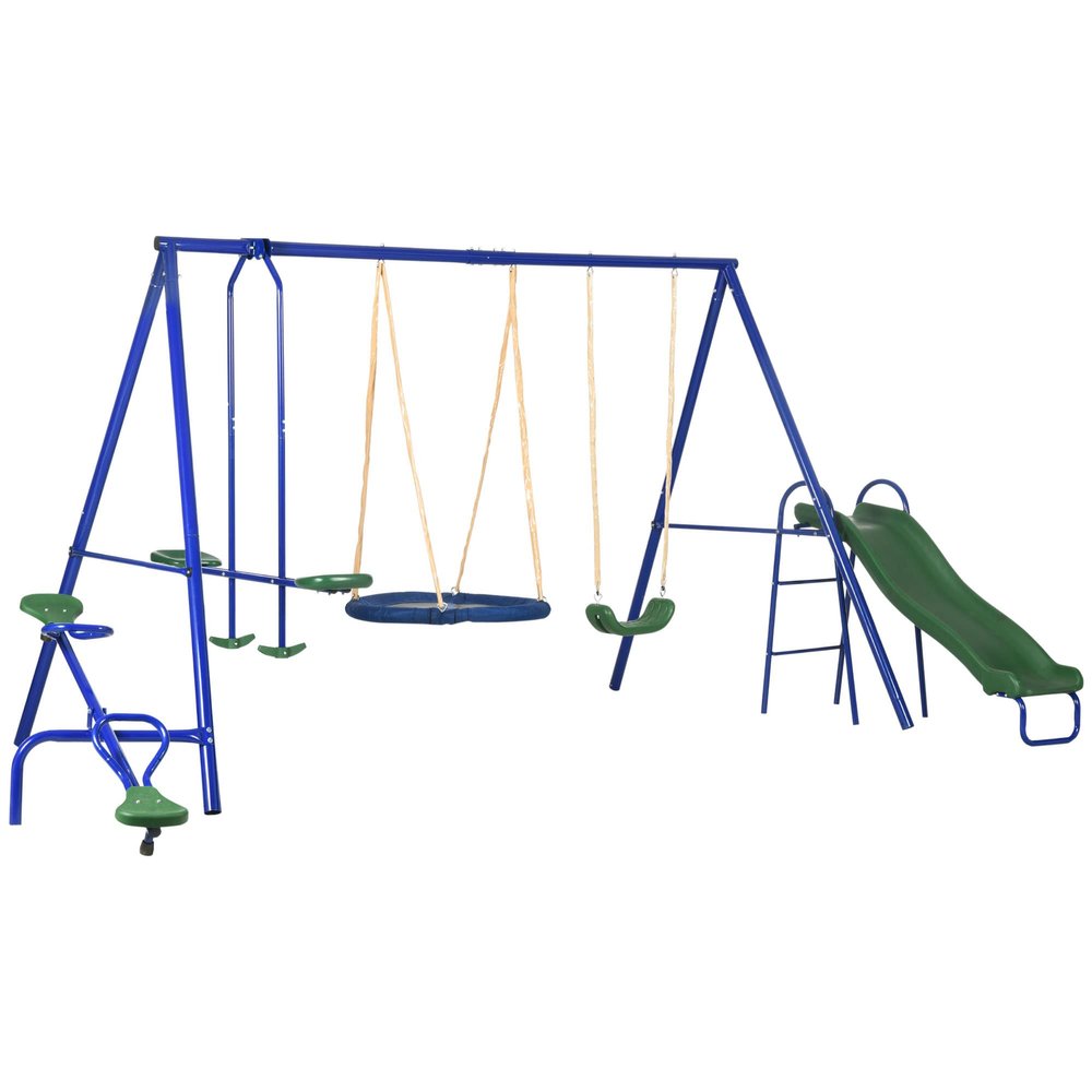 616 lbs Heavy-Duty 5-in-1 Kids Outdoor Swing Set  A-Frame Steel Playset w/Saucer Swing, Slide, Seesaw, Glider & Swing Seat  Durable Backyard Playground Equipment for Toddlers & Children Blue