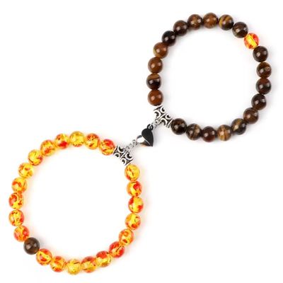 ZYIBPMSJKQCFK Heart Shaped Couple Bracelet 2Pcs/Set 8mm Natural Stone Beads Bracelet For Lovers Friend Valentine's,Yellow,19cm