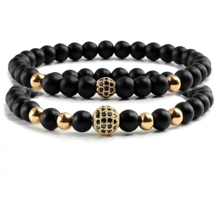 2pcs/set Bracelet Men Natural Stone Micro-inlaid Zircon Ball Beaded Bracelets For Women Yoga,golden,19cm