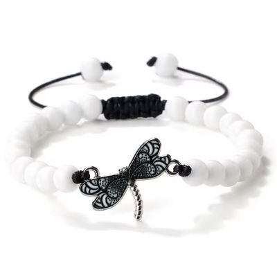 ZYIBPMSJKQCFK Dragonfly Beaded Bracelets For Women Men 6mm Handmade Tiger Eye Lava Stone Bangles Adjustable Rope Braided Bracelet,White,17-29m