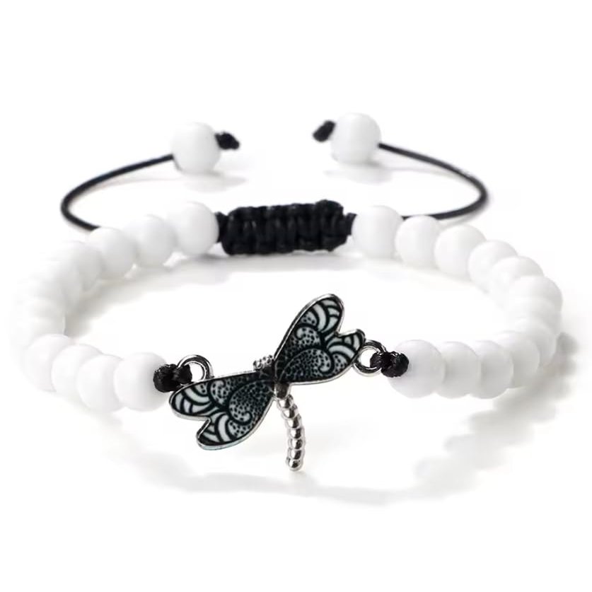 ZYIBPMSJKQCFK Dragonfly Beaded Bracelets For Women Men 6mm Handmade Tiger Eye Lava Stone Bangles Adjustable Rope Braided Bracelet,White,17-29m