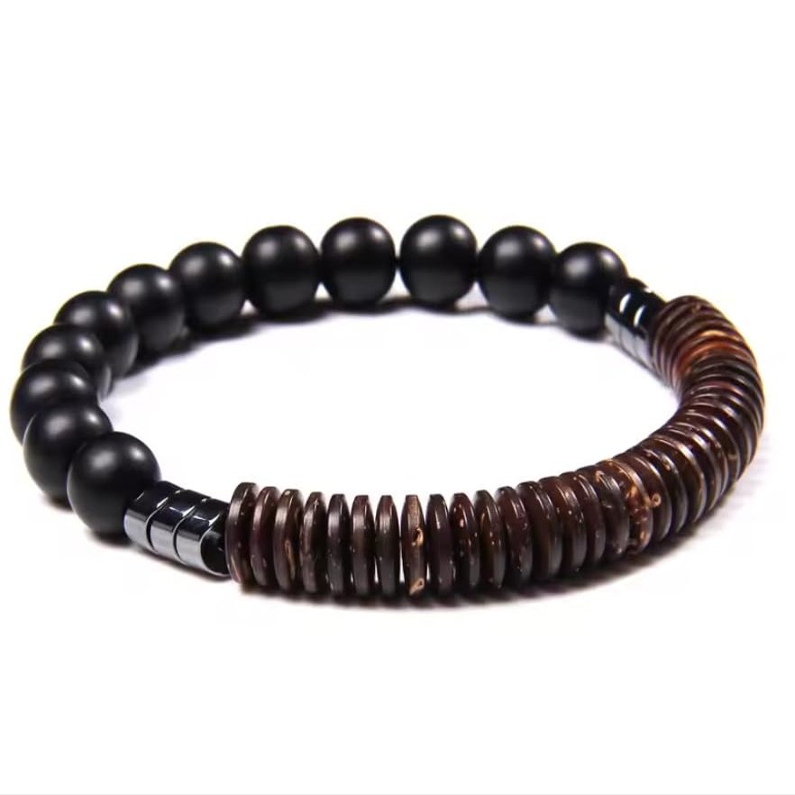 8 Mm Natural Stone Round Beads Coconut Wood Flake Bracelets Lava Stone Wooden Bead Male Bracelet Men,Black Onyx,21cm