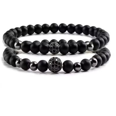2pcs/set Bracelet Men Natural Stone Micro-inlaid Zircon Ball Beaded Bracelets For Women Yoga,Black,19cm