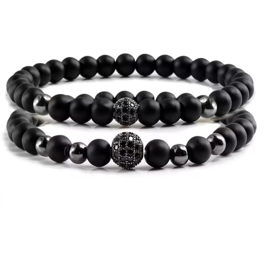 2pcs/set Bracelet Men Natural Stone Micro-inlaid Zircon Ball Beaded Bracelets For Women Yoga,Black,19cm