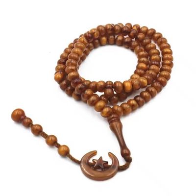 8mm Muslim Beads Moon Star 99 Islamic Praise Beads With Tassel Handheld Rosary Beads Bracelet Islam Party,Light Coffee,50cm