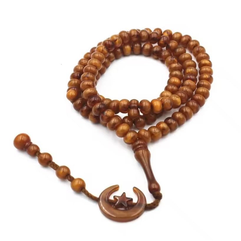 8mm Muslim Beads Moon Star 99 Islamic Praise Beads With Tassel Handheld Rosary Beads Bracelet Islam Party,Light Coffee,50cm