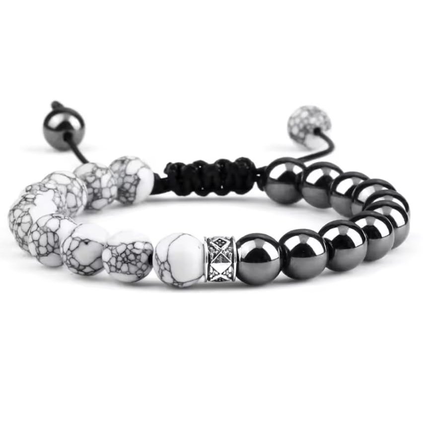 8mm Black White Beads Braided Bracelets Bangles Women Men Yoga Natural Agates Lava Stone Handmade Bracelet,Hematite,17-27cm