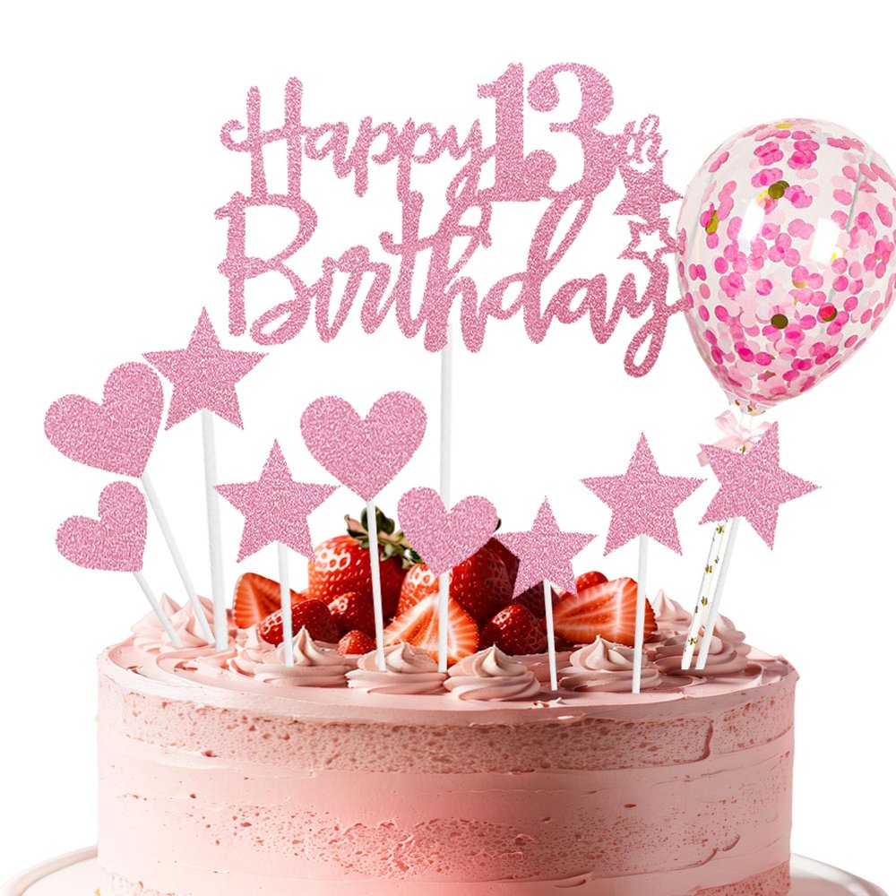 11 Pcs Happy 13th Birthday Cake Topper Set Pink Glitter Cake Decor Hearts Stars Balloons Cake Decorations for Girls Birthday Party Supplies