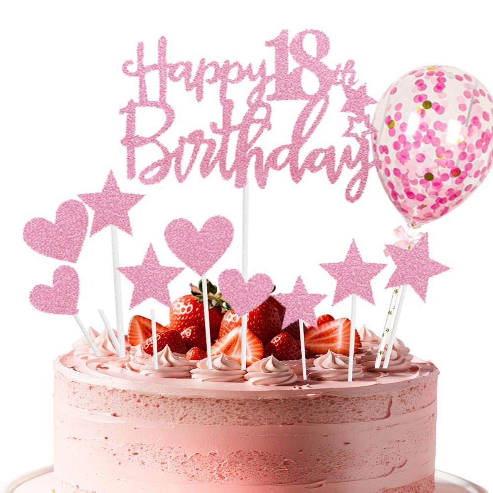 11 Pcs Happy 18th Birthday Cake Topper Stars Hearts Balloon Cake Decor Pink Glitter Cake Decorations for Girls Birthday Party Supplies
