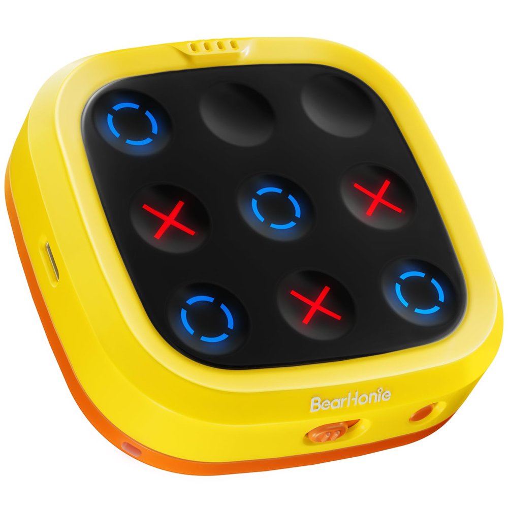 BearHonie 4-in-1 Handheld Tic Tac Toe Game Portable Electronic Board Games for Kids & Adults, Travel Games, Birthday Gifts, Yellow