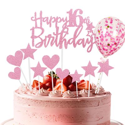 11 Pcs Happy 16th Birthday Cake Topper Set Pink Glitter Stars Heart Balloon Cake Decor for Girls 16th Birthday Party Cake Decorations Supplies