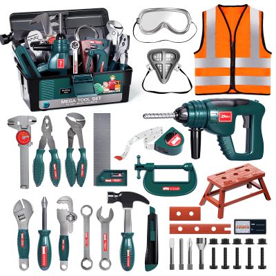 Deejoy Tool Set with Tool Box & Electronic Toy Drill, Pretend Play Kids Construction Kits for Kids Ages 3-5 Years Old, Toddler Boy Toys (Green)
