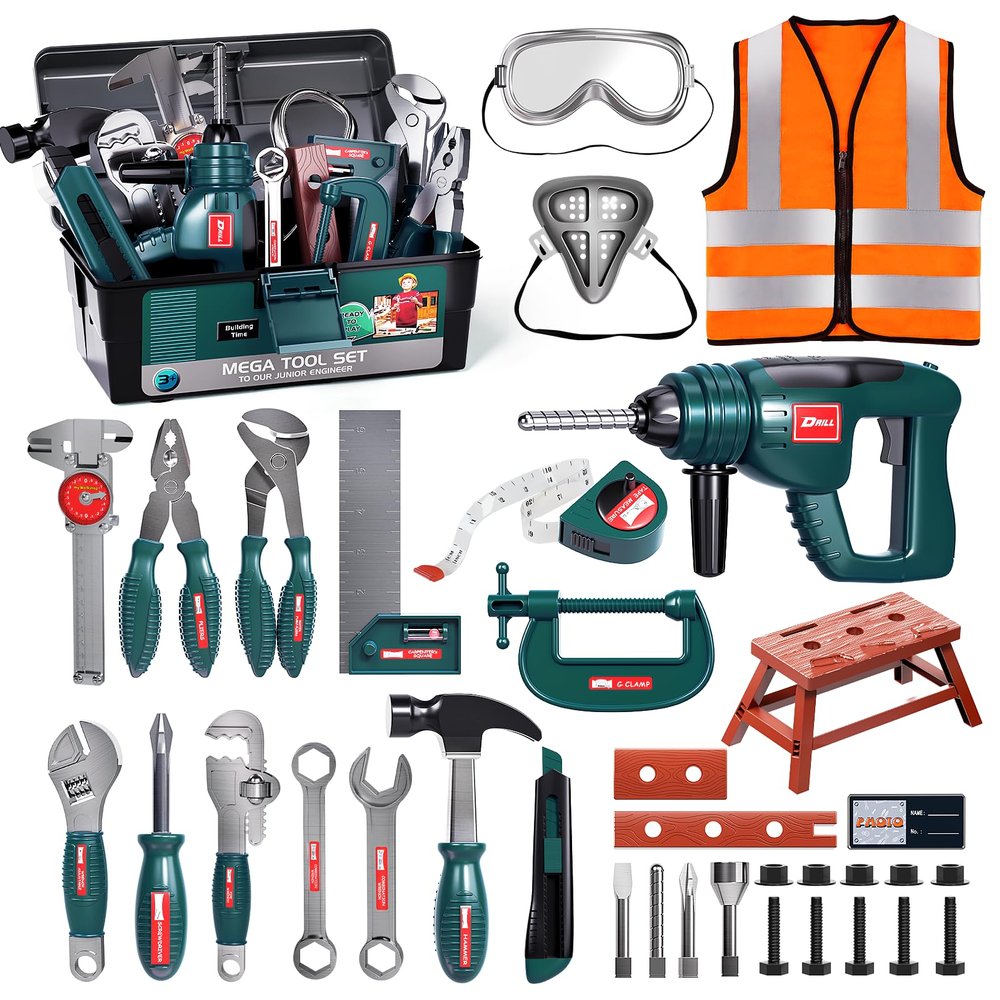 Deejoy Tool Set with Tool Box & Electronic Toy Drill, Pretend Play Kids Construction Kits for Kids Ages 3-5 Years Old, Toddler Boy Toys (Green)