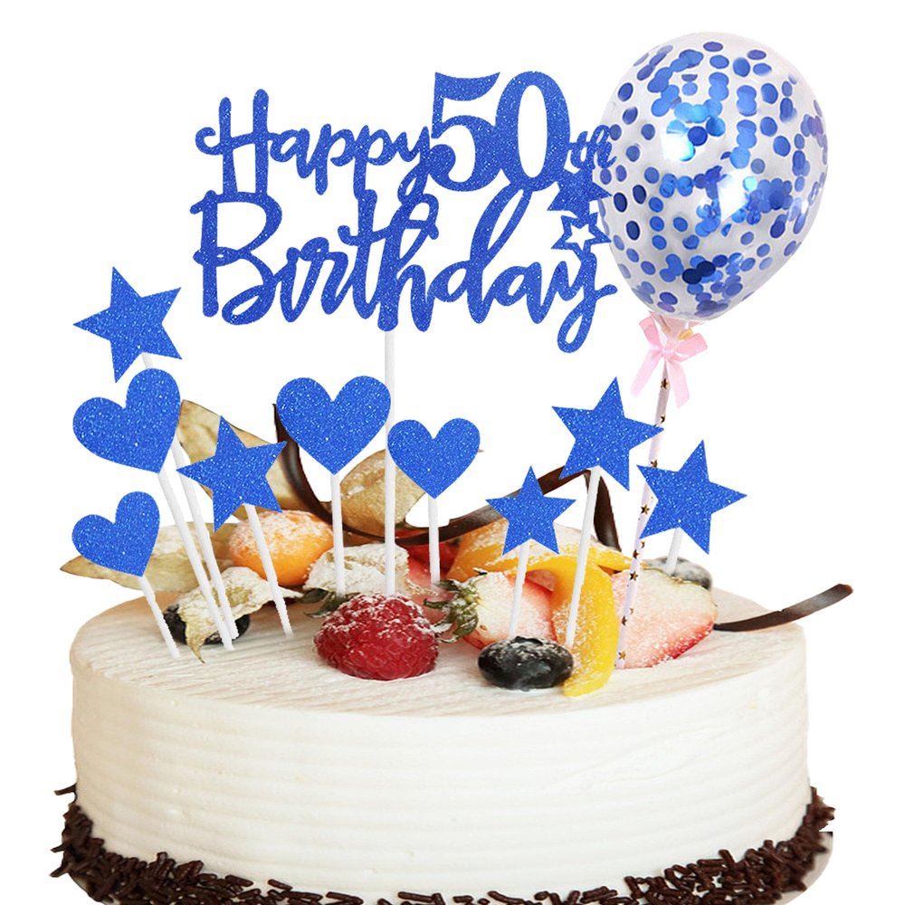 11Pcs Happy 50th Birthday Cake Topper Set with Balloon Star & Heart Cake Picks Blue Glitter Cake Decor for Fifty Birthday Party Supplies