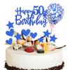 11Pcs Happy 50th Birthday Cake Topper Set with Balloon Star & Heart Cake Picks Blue Glitter Cake Decor for Fifty Birthday Party Supplies view 1