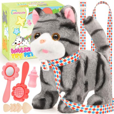 CatchCute Plush Cat Toys for Kids with Leash, Interactive Plush Kitty Can Walk,Meow, and Wag Tail, Realistic Toys Pet Christmas Birthday Gifts for Boys and Girls