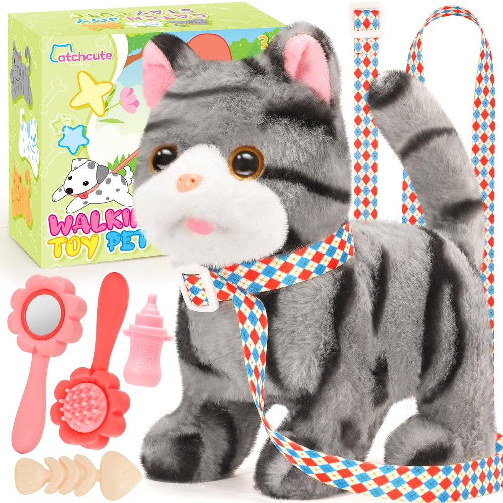 CatchCute Plush Cat Toys for Kids with Leash, Interactive Plush Kitty Can Walk,Meow, and Wag Tail, Realistic Toys Pet Christmas Birthday Gifts for Boys and Girls