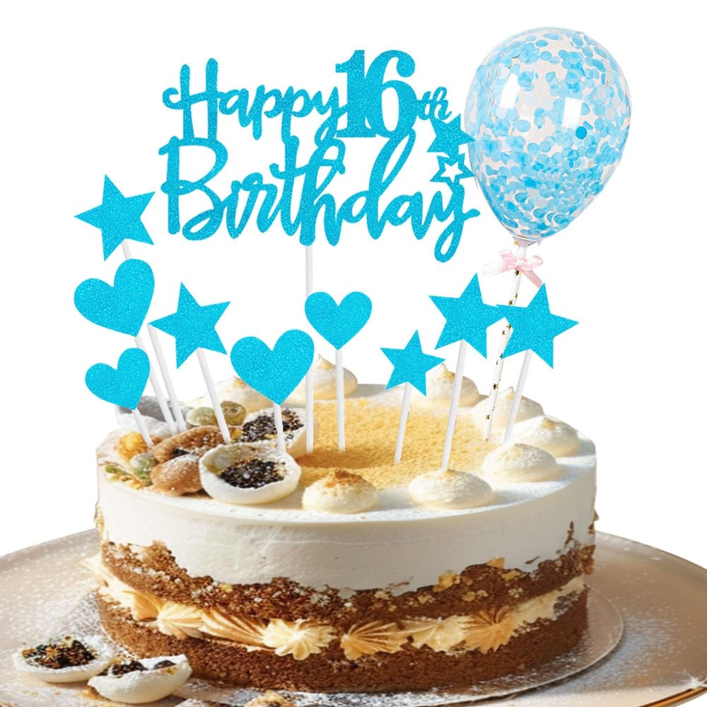 11 Pcs Glitter 16th Birthday Cake Topper Blue Hearts Balloon Star Cake Decoration Sweet Sixteen Cake Decor for Boys Girls