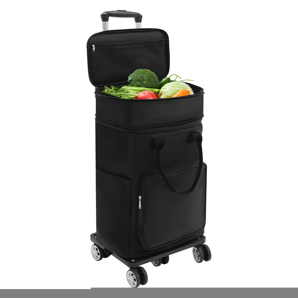 2-in-1 Foldable Shopping Cart with Wheels - 55lbs Heavy-Duty Grocery Utility Dolly, Removable Waterproof Bag & Adjustable 37.8" Handle, 5 TPE Wheels for Stairs, Travel, Apartment, Camping (Black)