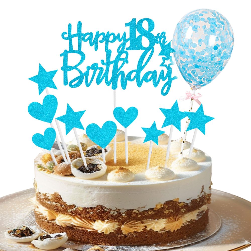 11Pcs Blue Happy 18th Birthday Cake Topper Glitter 18th Cake Decoration Sweet 18 Party Cake Decor with Balloon Hearts Stars for Boys Girls