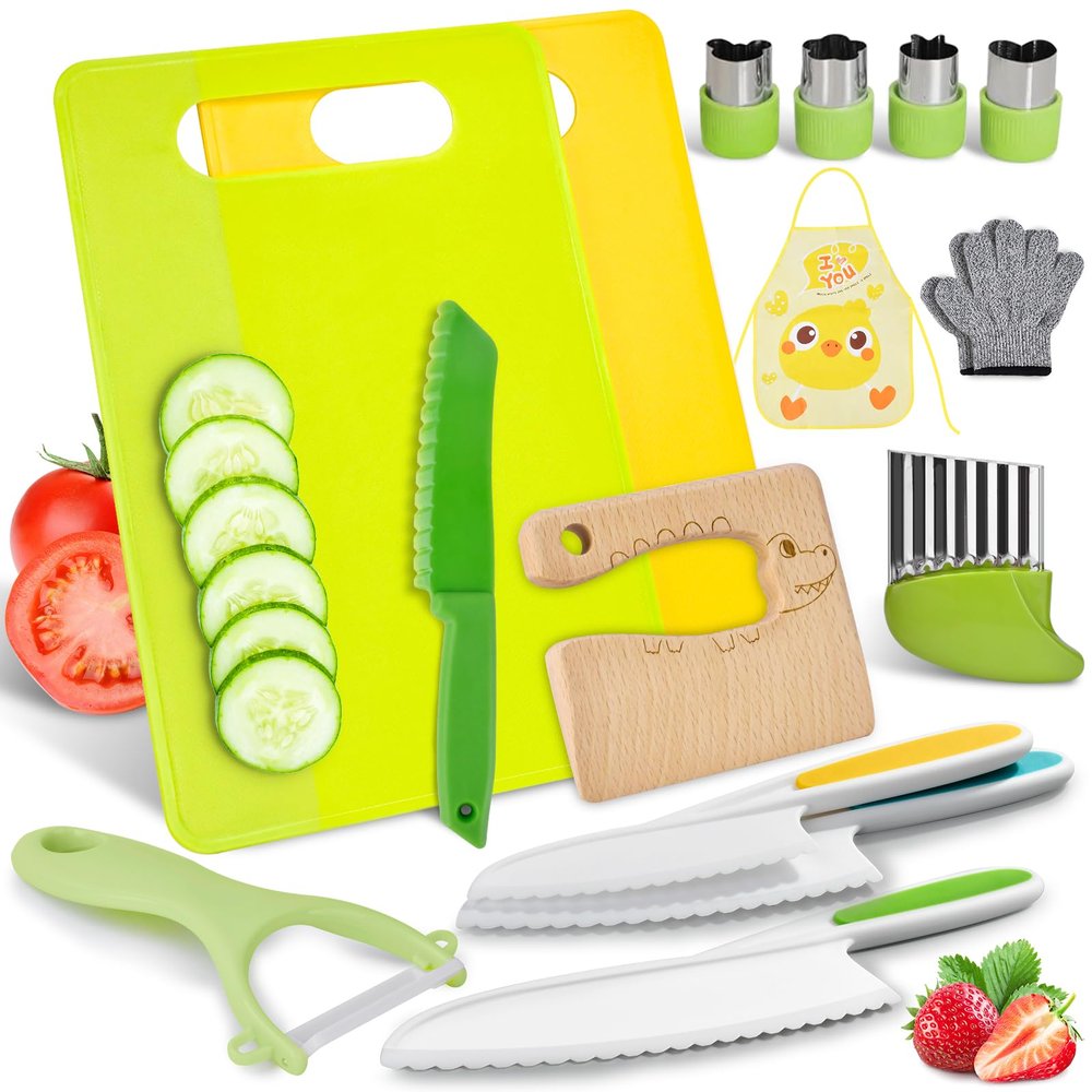 Valentines Day Gifts for Kids: 15PCS Montessori Toys for Age 3-12 Year Old - Toddler Kitchen Set Kids Knife Set for Real Cooking - Christmas Stocking Stuffers Easter Basket Stuffers Essentials Gifts