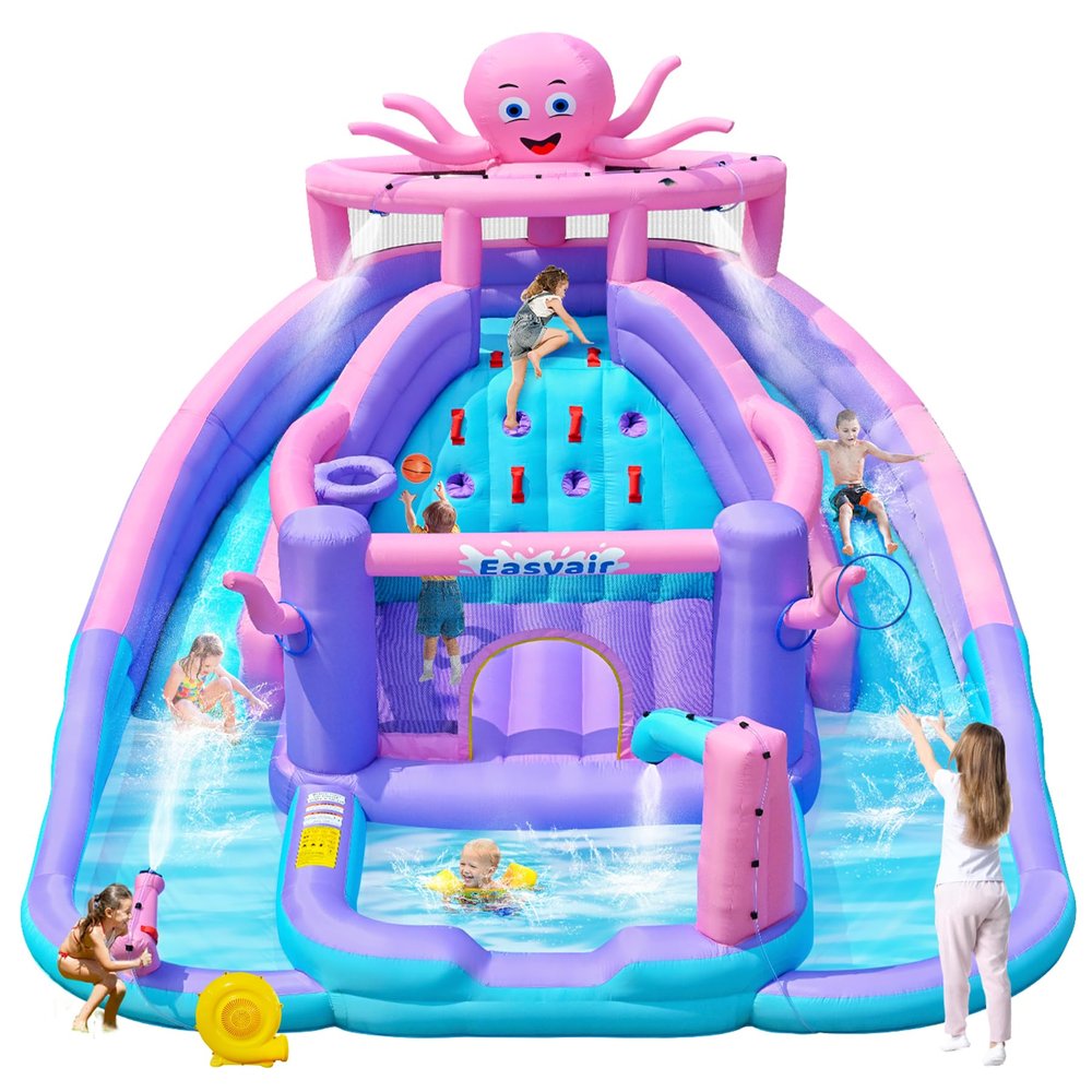 Easyair Inflatable Bounce House Water Slide Combo, Blow Up Water Slides for Backyard, Kids Jumper with Climbing Wall, Basketball Hoop, Splash Pool with Blower