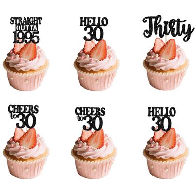 12Pcs Happy 30th Birthday Cupcake Topper Set Black Thirty Cupcake Decor Glitter Cheers to 30 Cupcake Decorations for Men Women Birthday Party Supplies