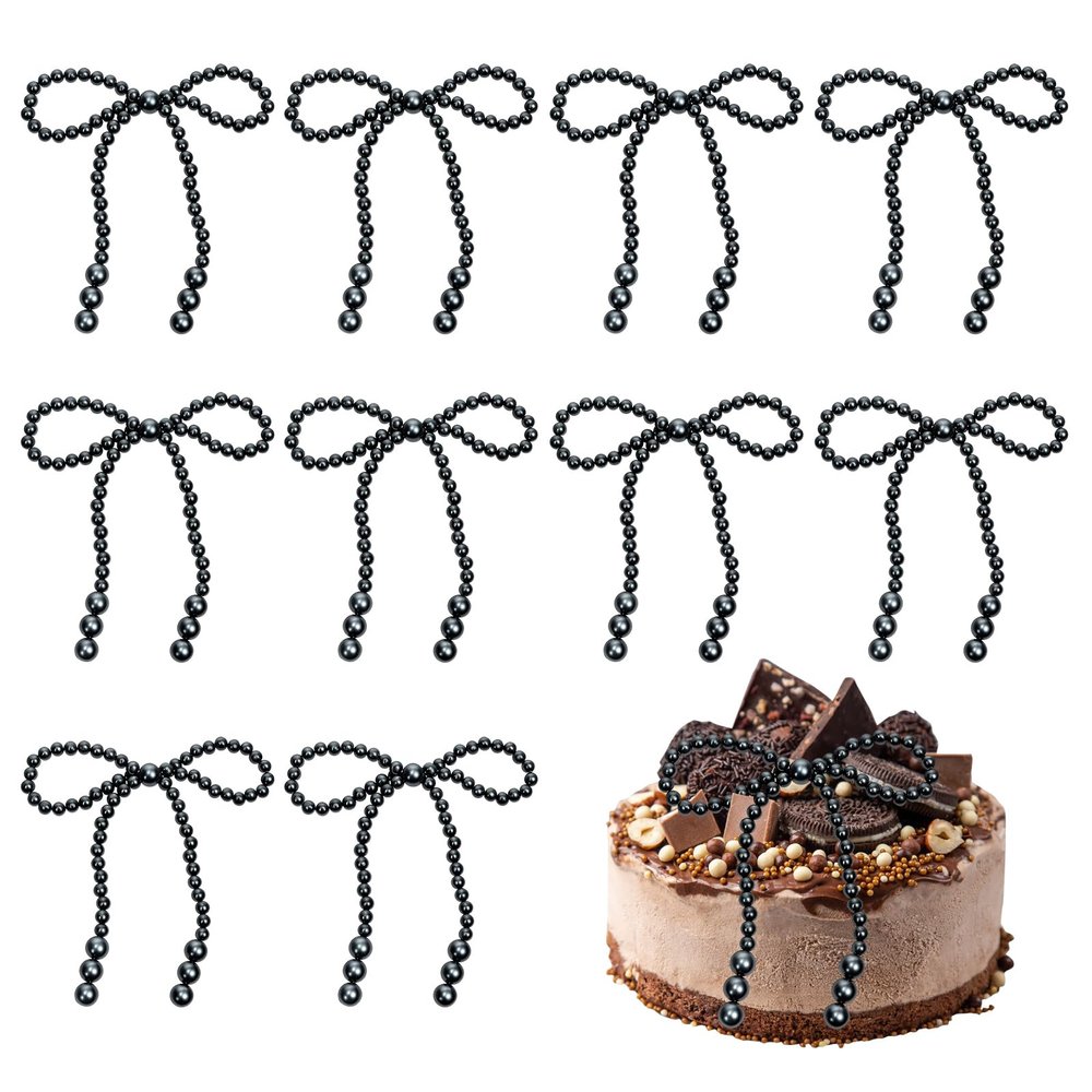10 Pcs Pearl Bow Cake Toppers, 4.3x3.9 Inches Black Pearl Beaded Cake Decorations, Large and Small Pearls, Elegant Cupcake Toppers for Wedding, Birthday, Valentine's Day and Baby Shower Party Supplies