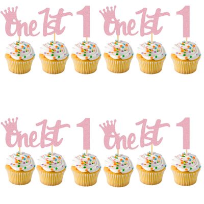 1st Birthday Cupcake Toppers Pink Glitter One Cupcake Decor First Birthday Cupcake Decoration for Baby Shower Boys Girls Party Supplies