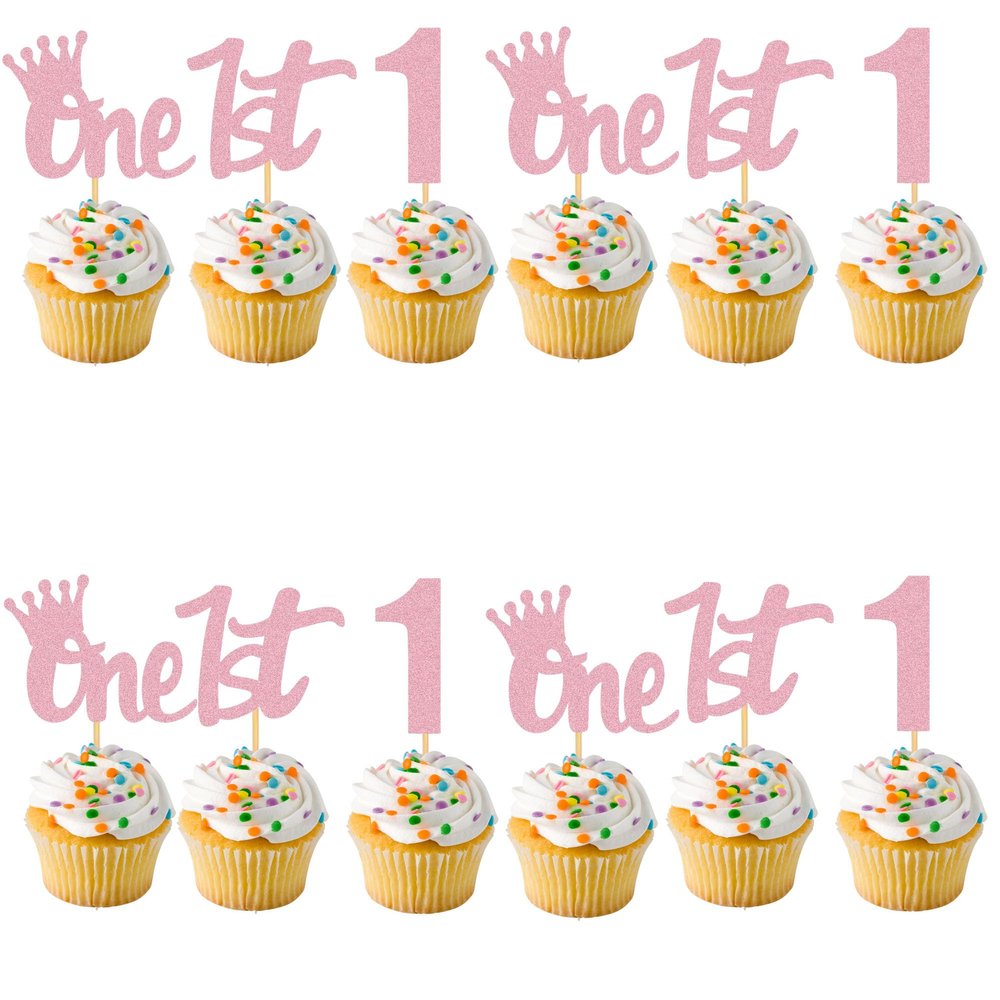1st Birthday Cupcake Toppers Pink Glitter One Cupcake Decor First Birthday Cupcake Decoration for Baby Shower Boys Girls Party Supplies