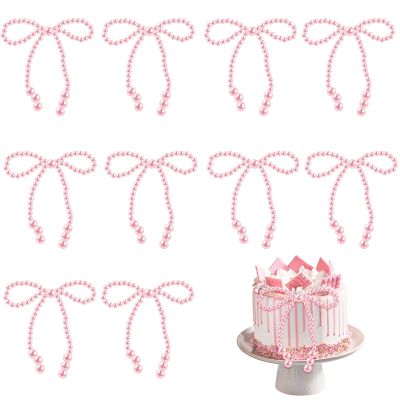 10 Pcs Pearl Bow Cake Toppers, 4.3x3.9 Inches Pink Pearl Beaded Cake Decorations, Large and Small Pearls, Elegant Cupcake Toppers for Weddings, Birthday, Valentines Day and Baby Shower Party Supplies