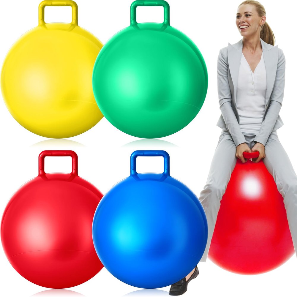 Lewtemi 4 Pcs 29 Inch Hopper Ball Carnival Outdoor Games Jumping Hopping Inflatable Bouncing Ball with Handle and Air Pump for Adult Sport Exercise