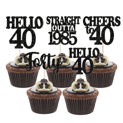 12 Pcs 40th Birthday Cupcake Toppers Black Glitter 40 Cupcake Decor Straight Outta 1985 Cupcake Decorations Set for Cheers to 40 Years Birthday Party Supplies