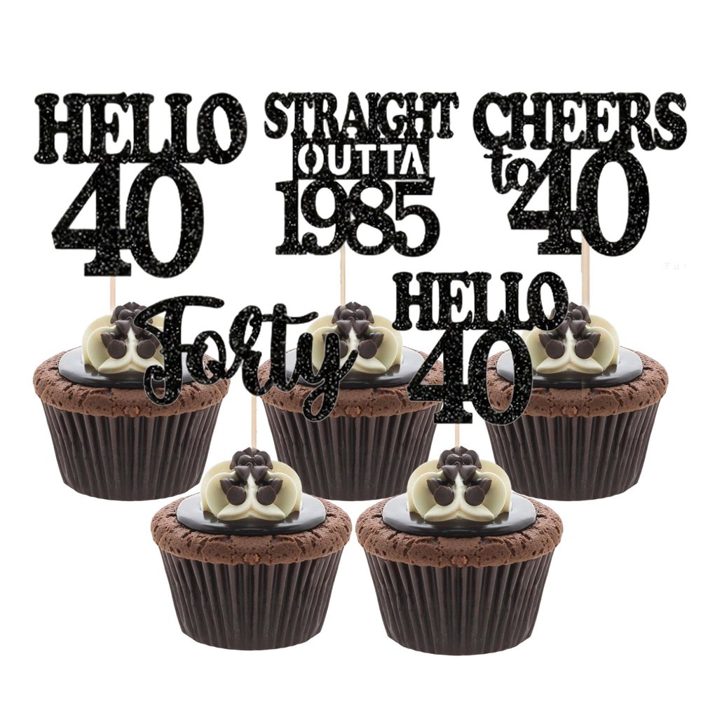 12 Pcs 40th Birthday Cupcake Toppers Black Glitter 40 Cupcake Decor Straight Outta 1985 Cupcake Decorations Set for Cheers to 40 Years Birthday Party Supplies