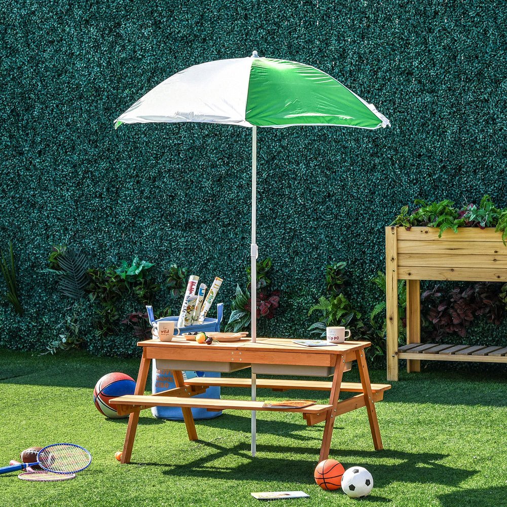 AMNOOI Kids Picnic Table with Adjustable Umbrella & Hidden Sand/Water Play Storage  Solid Wood Outdoor Furniture for Garden, Patio, Balcony | Multi-Purpose Activity Table for Playtime, Snacks
